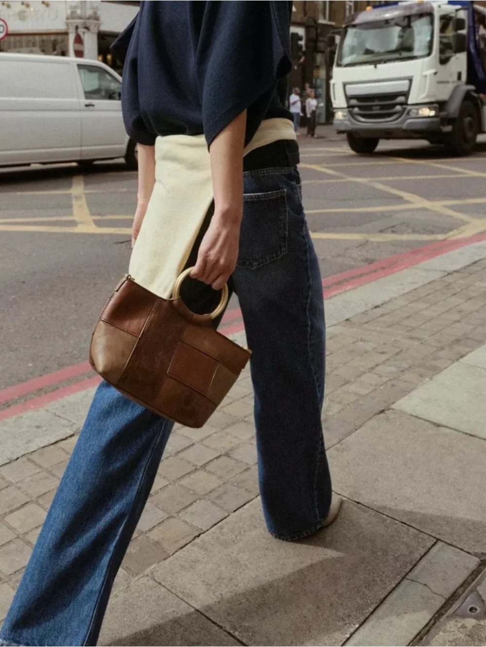 Zara Brown Patchwork Faux Leather Rigid Gold Ring Handle Mini Bucket Bag Viral